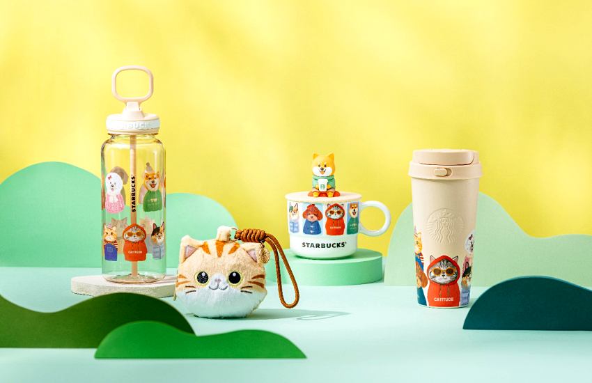 星巴克線上限定毛孩系列商品,包含斑紋貓造型零錢包與柴犬杯蓋馬克杯。