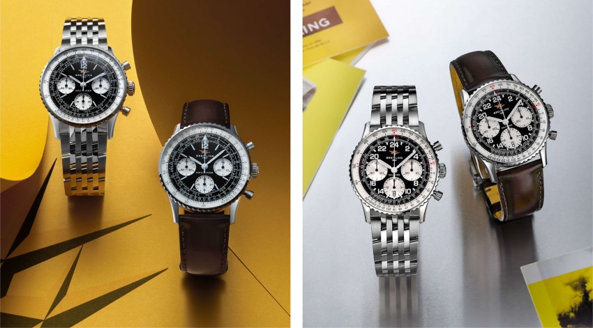百年靈Navitimer B09與B02 Cosmonaute手動上鍊腕錶並列呈現。圖/百年靈提供