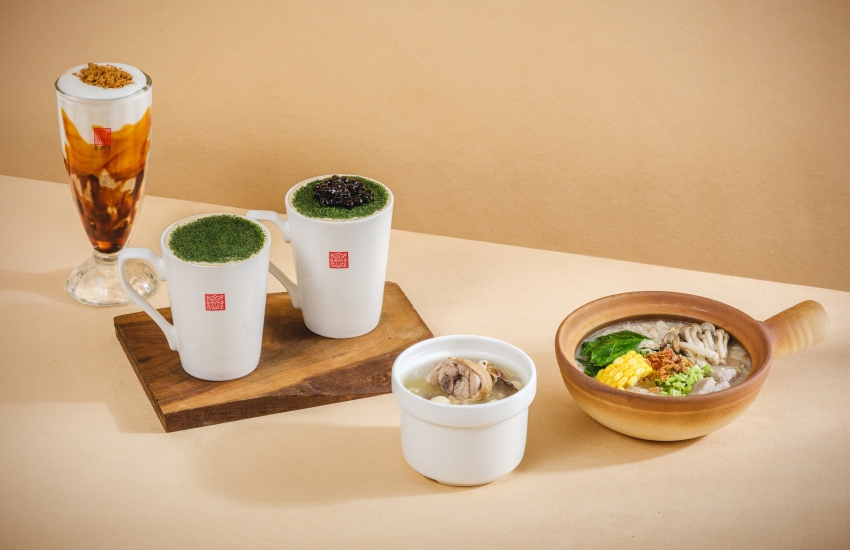 春水堂冬季新品同桌呈現，包含芋頭粥、龍井雞湯與茶飲。圖／春水堂提供